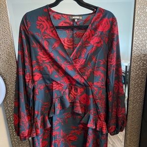 Missguided Red Floral Waist V Neck Smock Dress